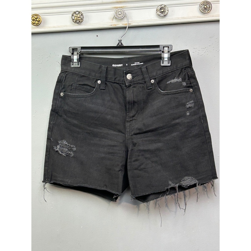 Old Navy‎ Black High Rise Slouchy Straight Distressed Denim Shorts Women Size 2